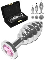 Grooved Rosebud Stainless Steel Buttplug Pink Crystal - Large